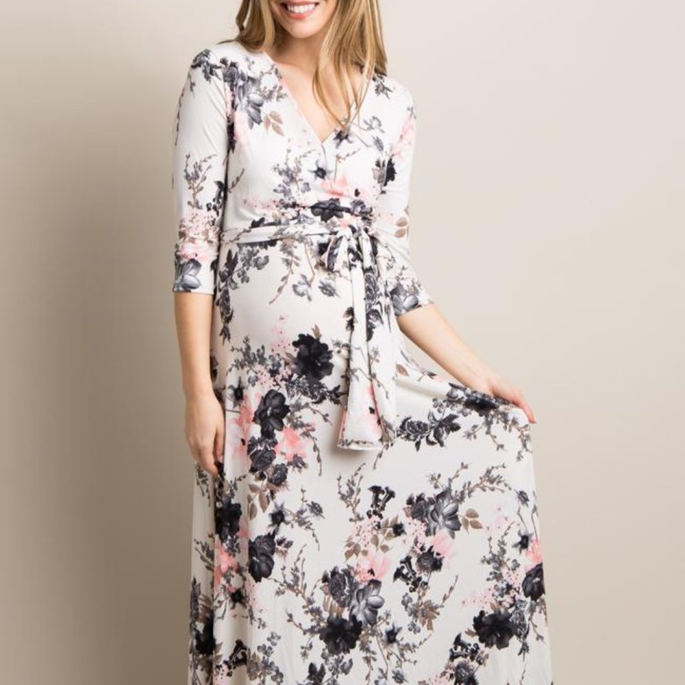 White Floral Maternity/Nursing Maxi Wrap Dress